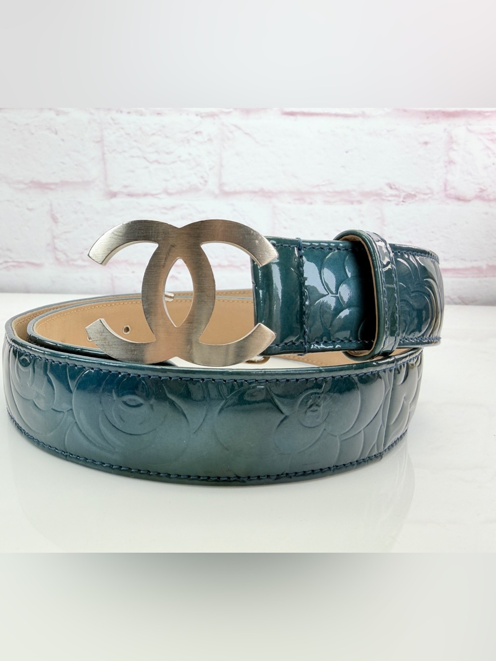 Chanel Teal Patent Leather Camellia Embossed Belt with Interlocking CC Buckle